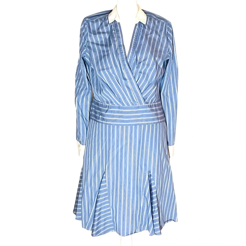 LRL Ralph Lauren black label cotton preppy pinstripe shirt dress blue 6 read